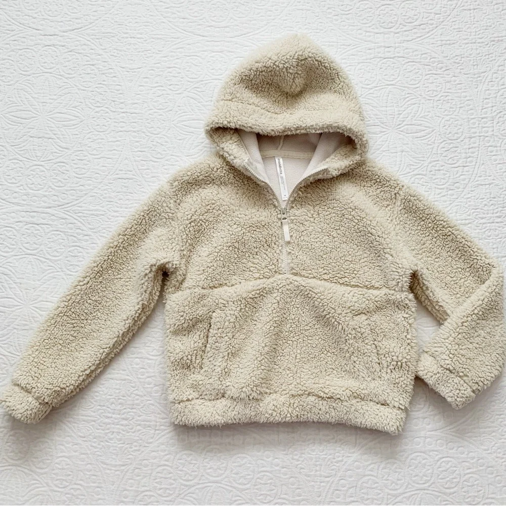 Mondetta Girls' Long Sleeve Sherpa Half-Zip Hooded Pullover, Beige‎